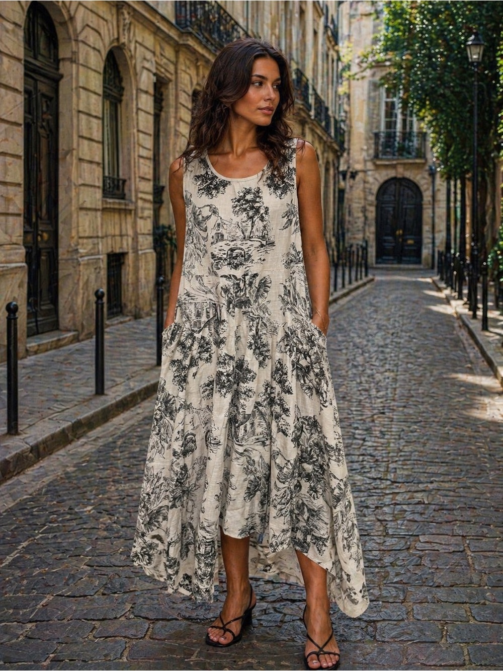 New Collection Cream Toile Print Sleeveless Dress